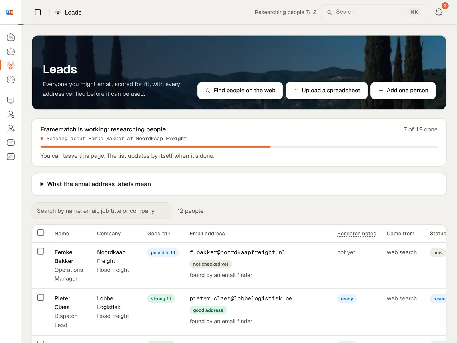 The leads list: people at freight carriers, each with a checked email address.