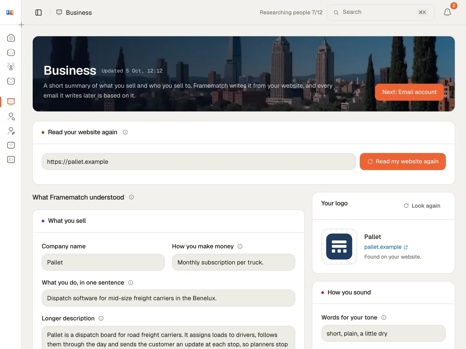 The business summary Framematch wrote from Pallet's website: what it sells, who buys it, its proof and its tone.